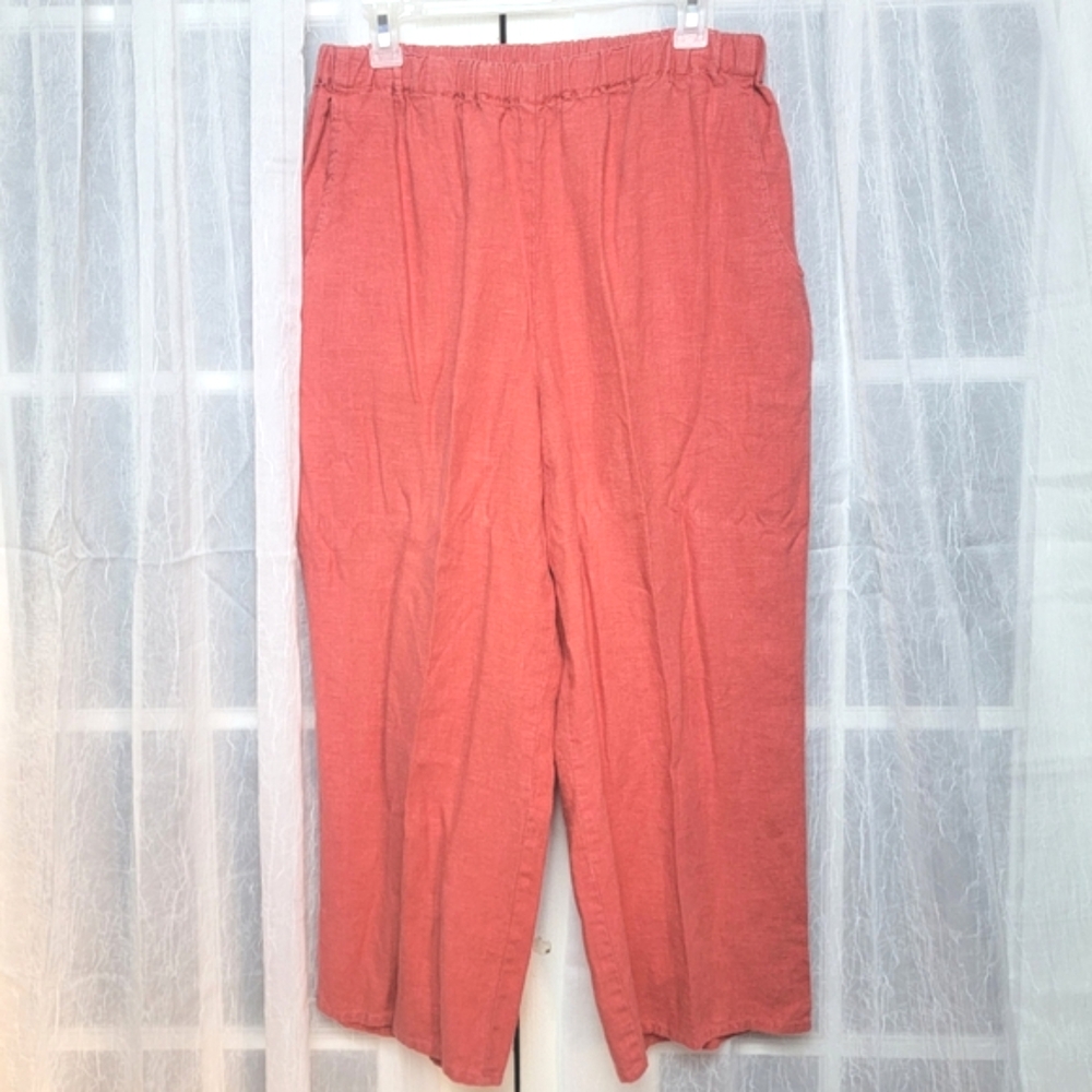 Flax Linen Pants Sz S Cropped Wide Leg Pull On Coral Coastal Beachy Lagenlook